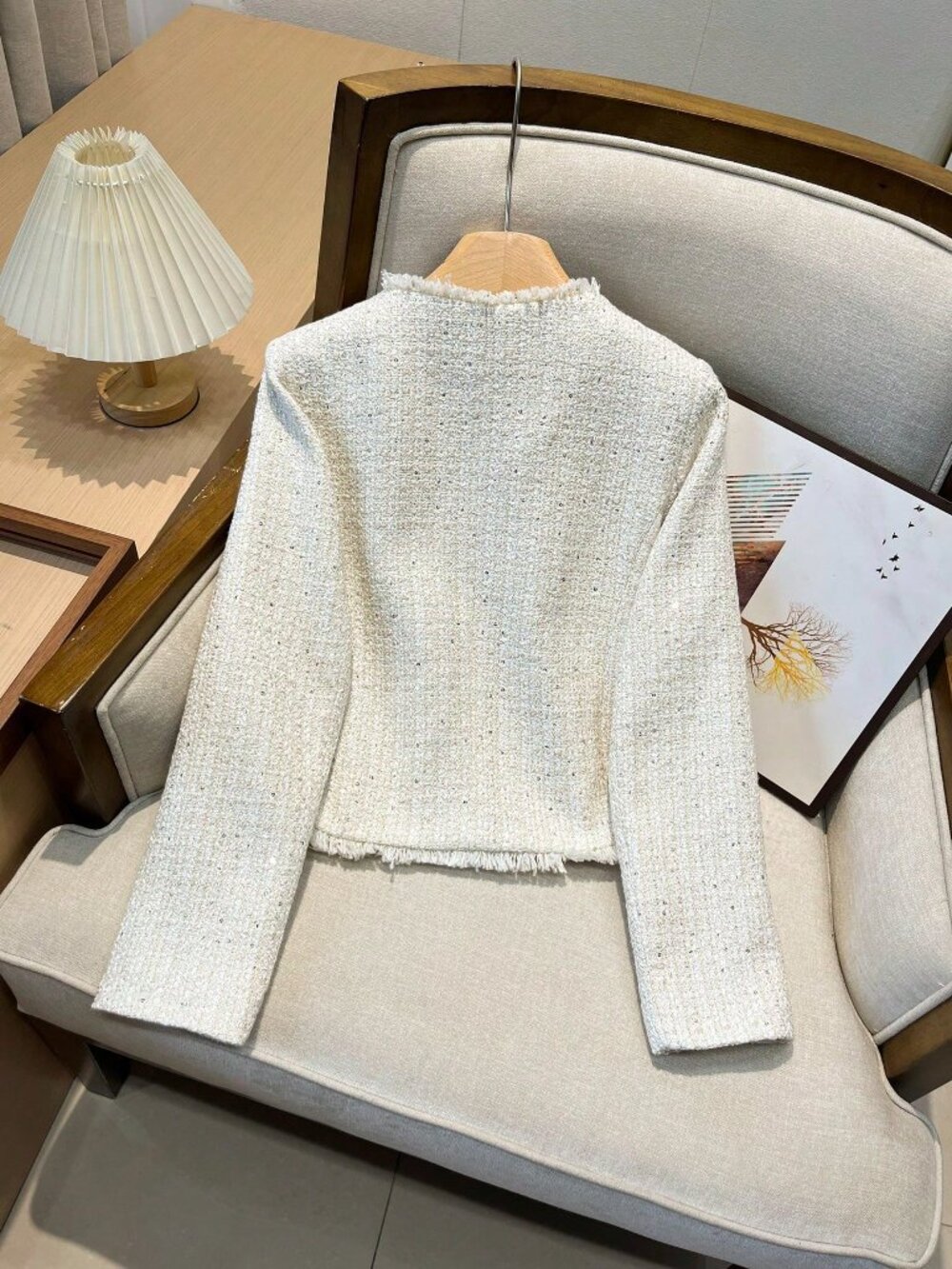 Beige Elegant Women's Casual Loose French Button Tweed Fringe Short Jacket - Picture 2 of 9
